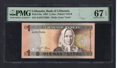 Lithuania One Litas 1994 P53a Uncirculated Grade 67 - Image 1 of 2
