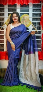 Designer Handloom Saree on Khadi with Gheecha stripe Ethnic Running blouse Piece - Picture 1 of 14