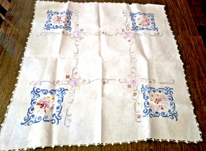 Handbestickte Blumen Kreuzstich Leinen Tischdecke Häkelsaum Kanten 32"x32" - Bild 1 von 6