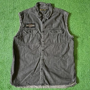 Harley Davidson Denim Biker Vest Men’s 2XL Black Patch Spelled Out Back Cut Off - Picture 1 of 8