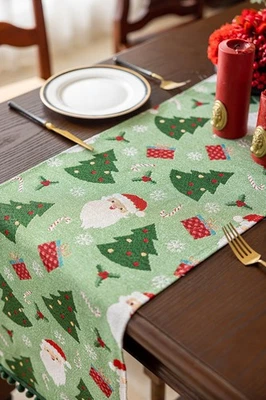 Christmas Vibe Santa Patchwork Table Runner Coffee Dining Table Decor Pom-pom - Image 1 of 4