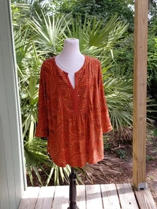 Daniel Rainn Top Damen 2X Burnt Orange Paisley Print V-Ausschnitt Tunika Langarm - Bild 1 von 17