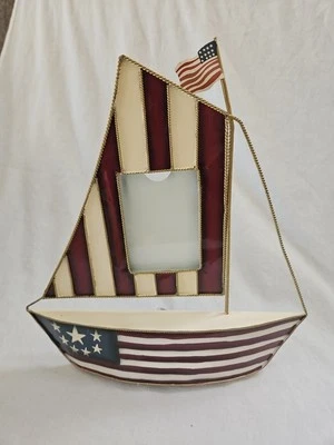 Sailboat Shaped Picture Frame Red White & Blue nautical Patriotic American Flag - Image 1 of 4