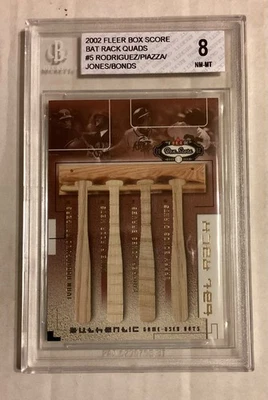BGS 8 2002 Fleer Box Score Bat Rack Quad #011/150  Ivan Rod.,Piazza, Jones,Bonds - Image 1 of 2