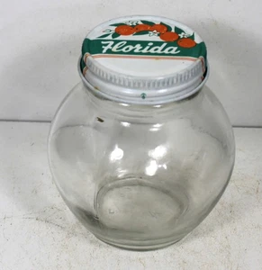 Vintage Florida Orange Juice Glass Jar Round Metal Lid 2 1/2 W x 3 1/4 "H - Picture 1 of 4