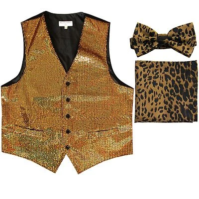 Men's SEQUIN GOLD Tuxedo VEST Waistcoat & BROWN LEOPARD BOW TIE and HANKIE set - Image 1 of 4