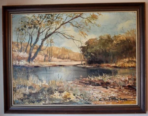 Original CHARLES CLINTON PITCHER Pennsylvania Lake Oil On Board Painting Vintage - Picture 1 of 16