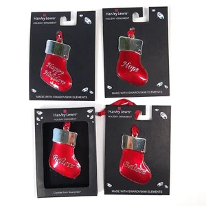 Set 4 New HARVEY LEWIS Red Stocking Ornaments HOPE BELIEVE Swarovski® Crystals - Picture 1 of 9