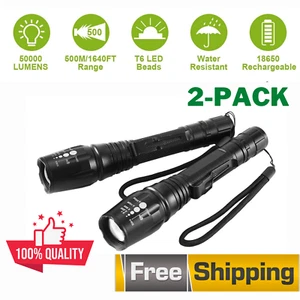 2X Tactical T6 LED Flashlight 50000Lm Aluminum Torch Zoomable 5 Modes - Picture 1 of 12