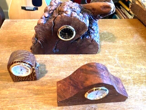3 SMALL DARK WOOD CLOCKS-UNIQUE DESIGNS,NEED BATTERIES-DIFFERENT STYLES-DESK TOP Cover
