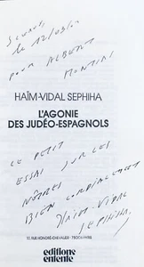 JUDAICA 1991 ENVOI dédicace HAÏM VIDAL SEPHIHA : L'AGONIE DES JUDEO-ESPAGNOLS - Picture 1 of 4