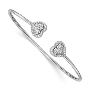 14K White Gold Polished Natural Diamond Heart Cuff Bangle - Picture 1 of 2