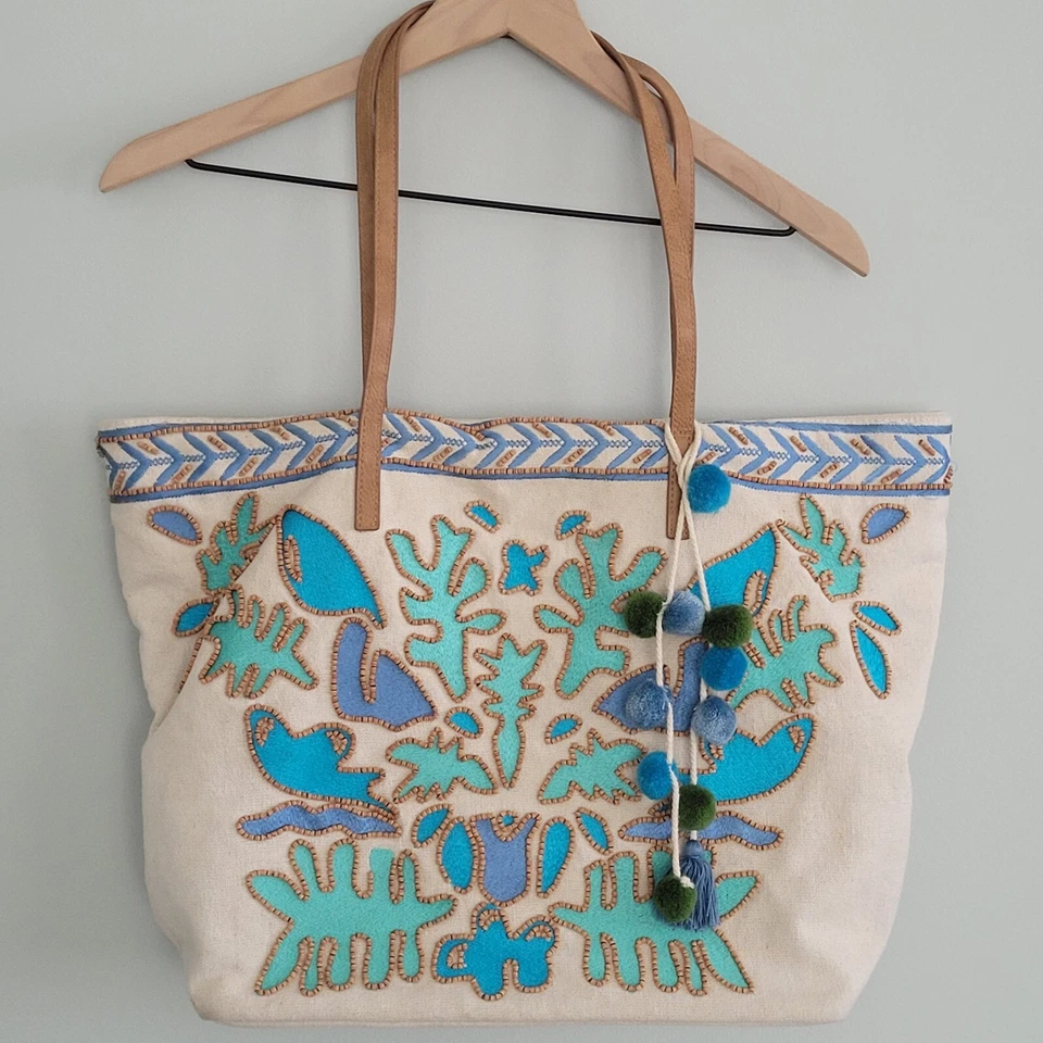 Steven by Steve Madden Jtucker Canvas Tote Bag Embroidered Beaded Beach Blue - Image 1 of 4
