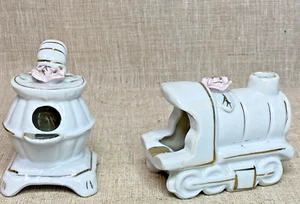 Vtg Japan Ceramic Ashtrays – Train Engine & Potbelly Stove – Mid-Century Novelty - Picture 1 of 10