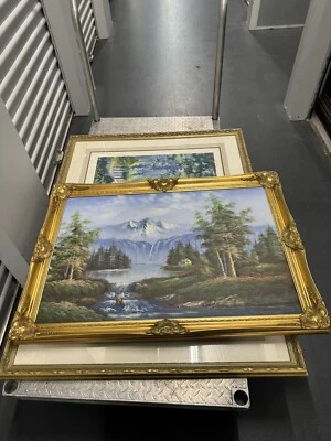 Bob Ross Style Painting Moutain Scenery By Crane - Image 1 of 4