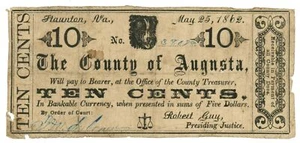 1862 County of Augusta, Staunton, Virginia 10c Obsolete Note No.38078 (62074) - Picture 1 of 2