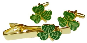 Shamrock Cufflinks & Tie Bar Clip Clasp Symbol of Ireland Eire Cuff Link Set - Picture 1 of 4