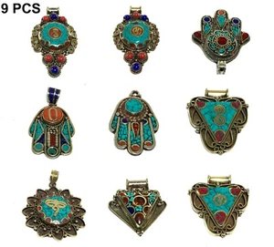 9 PCS Tibetan Silver Turquoise Coral Pendant Nepal Hamsa Buddha Eye Wholesale - Picture 1 of 11