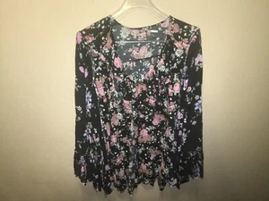Free People Floral Ruffle Flowy V-Neck Bell Sleeve Oversized Blouse Medium - Picture 1 of 4
