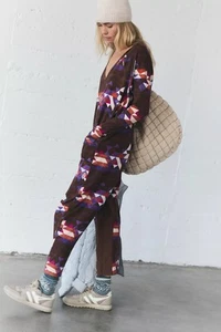 New Free People Hot Shot Long Sleeve Printed Jumpsuit Delta Geo Cocoa Small - Picture 1 of 5