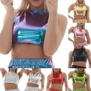 Crop Top Tank Tops Sexy Shiny Slim Solid Color Women Faux Leather Crop Top - Picture 1 of 20