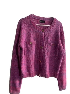 Melierter Strick Pullover Cardigan Metallic Preppy Goldknöpfe Damen Gr. L rosa blau - Bild 1 von 8