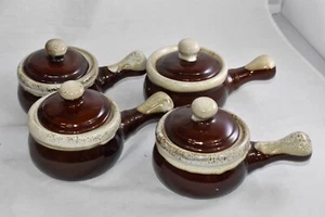 4 Vtg Valley Forge Oven to Table Brown Drip French Onion Soup Cups Crock Set lid - Picture 1 of 10