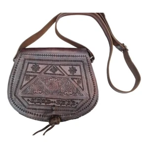 Small Moroccan Bag Hand Tooled Genuine Leather dark brown boho hippie festival - Picture 1 of 11