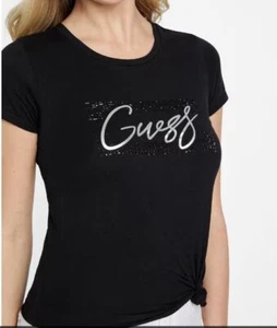 NEW WOMENS GUESS BLACK CAMPARI T SHIRT SILVER BLACK STONES SHORT SLEEVE XS S M L - Picture 1 of 7