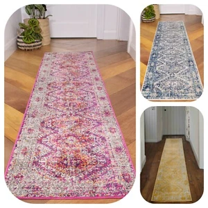 Moroccan Hallway Runner Rugs Pink Blue Yellow Vintage Distressed Carpet Mats New - Picture 1 of 9