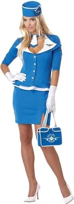 Retro Stewardess Blue Flight Attendant Fancy Dress Up Halloween Adult Costume - Image 1 of 2