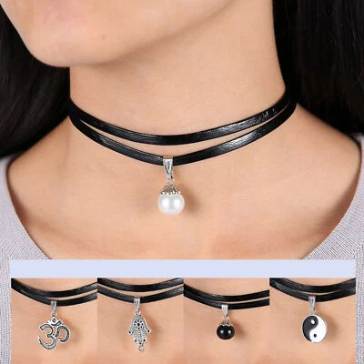 COLLARE DONNA COLLARINO ECOPELLE PERLA NERA TAO BAMBULE' DARK GOTIC COLLANA - Immagine 1 di 2