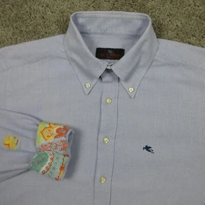 Etro Shirt Mens Large 44 Blue Flip Cuff Embroidered Logo Button Up Made In Italy - Picture 1 of 12