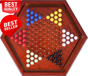 13.4" Wooden Chinese Checkers Set, Classic Strategy Game with 60 Colored Marbles - Picture 1 of 12