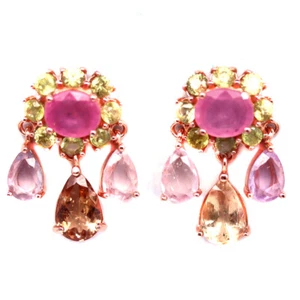 925 Sterling Silver Fancy Color Tourmaline, Red Ruby & Green Sapphire Earrings - Picture 1 of 4