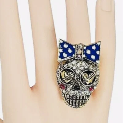 Anillo Calavera Azúcar Betsey Johnson Talla 7 Cristal Elastizado Liga Hiedra Lunares Foto 1 de 4