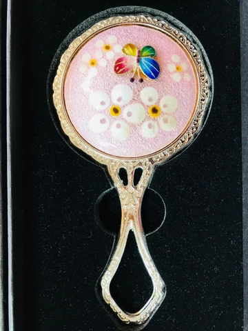GUMHA CHILBO ENAMEL Cloisonne Hand Mirror Butterfly & Flowers Made in KOREA Cover