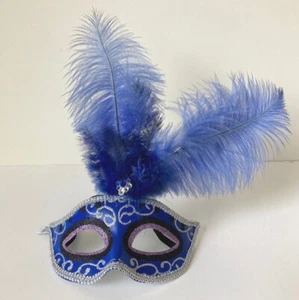 Halloween Eye Mask Venetian Women Blue Feather Glitter Masquerade Mardi Gras - Picture 1 of 12