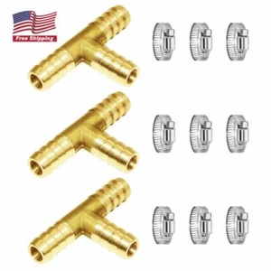 3/8" ID Hose Barb Fitting Tee 3 way Brass Intersection/Split Water/Fuel/Air 3PCS - Picture 1 of 4