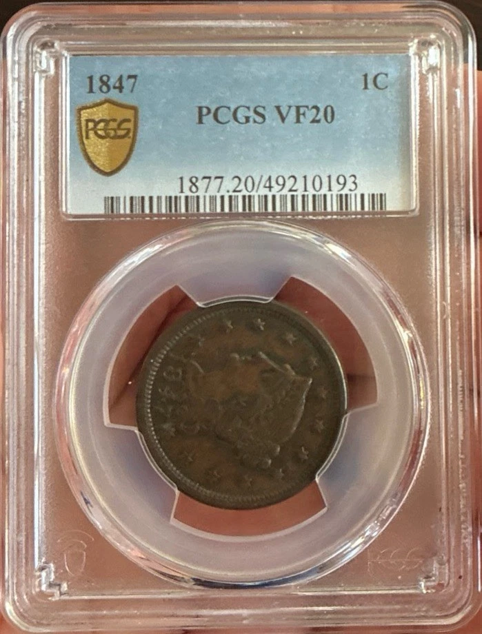 1847-P PCGS VF20BN Braided Hair Cent Business Strike 1c - Image 1 of 2