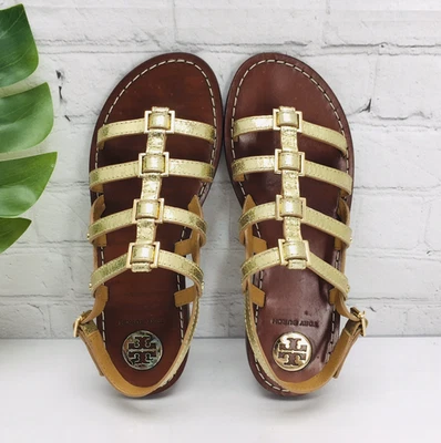 Tory Burch Reggie Sandals Women’s Size 8.5 Gold Gladiator Strappy Slingback Flat - Image 1 of 4