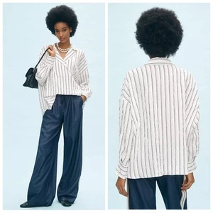 Anthropologie NEW Dylon Long Sleeve Wide Placket Boxy Swing Top White Stripe XS - Picture 1 of 8
