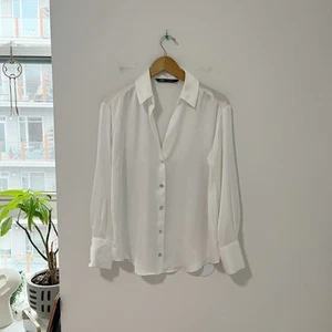 Zara White Silky Long Sleeve Button Up Blouse Size XS - Picture 1 of 6
