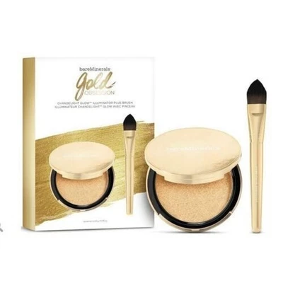 BareMinerals GOLD OBSESSION Chandelight Glow Illuminator .35 oz + Brush $54 NIB - Image 1 of 3