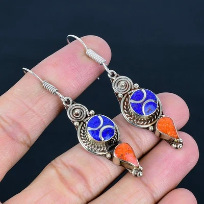 Orecchino nepalese tibetano argento sterling 925 etnico corallo rosso... - Immagine 1 di 4