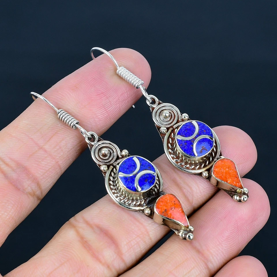 Orecchino nepalese tibetano argento sterling 925 etnico corallo rosso... - Immagine 1 di 4