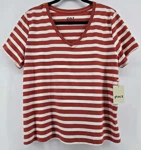 Camiseta Pact NUEVA CON ETIQUETAS Para Mujer Palisade Rayas Talla L Cuello en V Camisa Naranja Blanco Náutica - Imagen 1 de 8