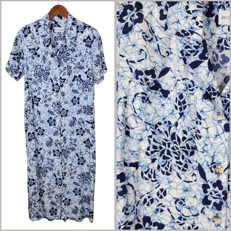 Vestido Camisa Hawaiano Tropical Vintage Talla 2 Funda Floral Azul Botón Frontal Foto 1 de 4