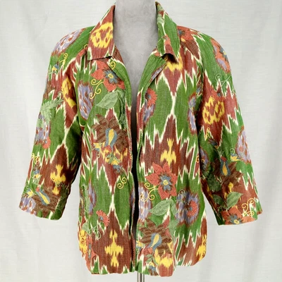 Coldwater Creek Jacket Womens XL Embroidered Linen Cotton Lined Green Red Gold  - Image 1 of 4