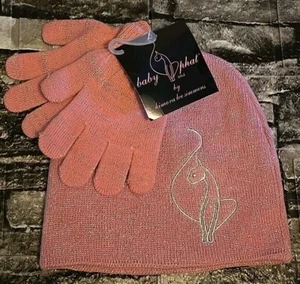 Baby Phat Girls Hat & Gloves Set PINK Glitter Sparkles Embroidered Acrylic NWT - Picture 1 of 10